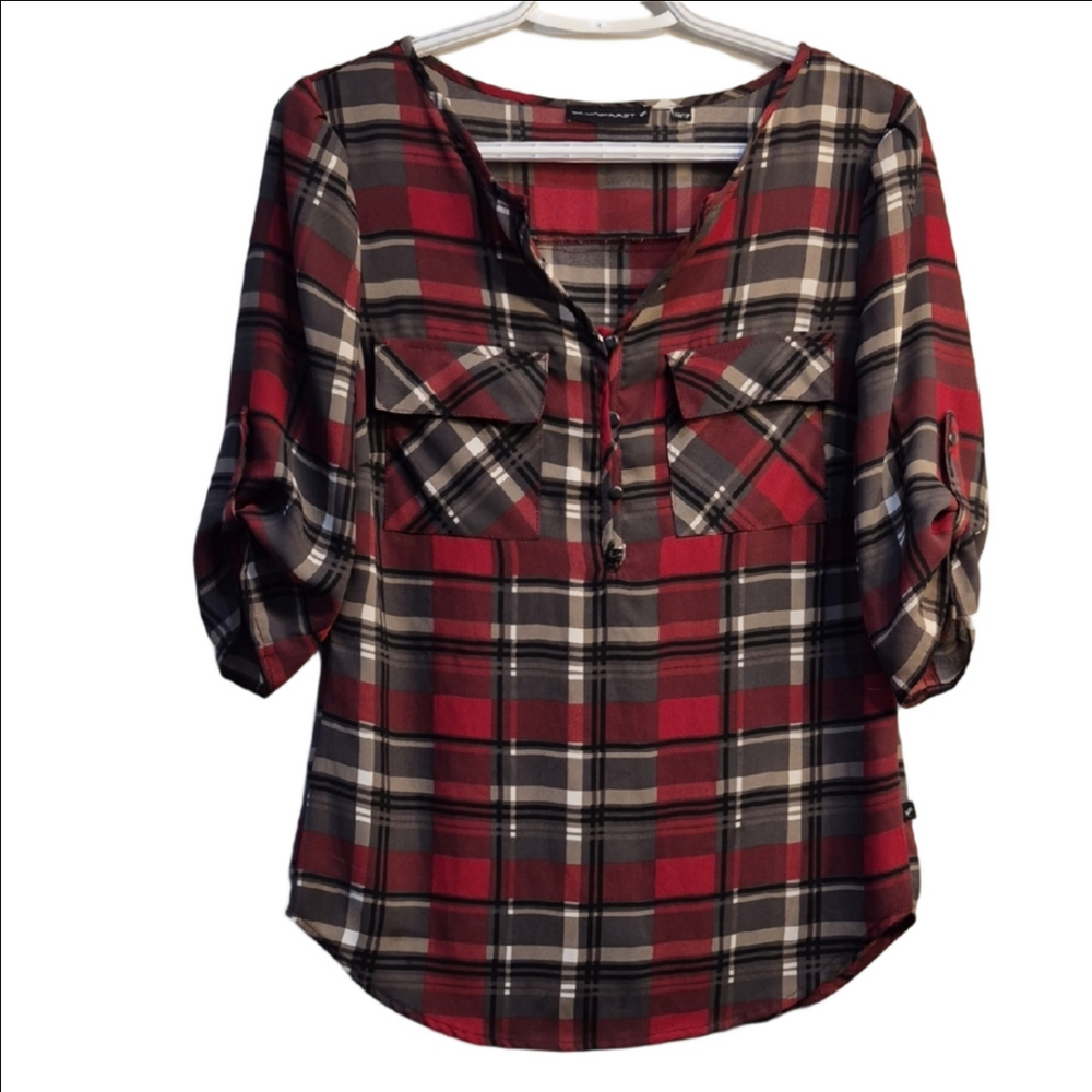 William Rast Red and Gray Plaid Button-Front Tunic
